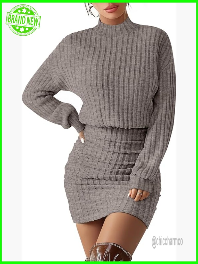 Long Sleeve Ribbed Knit Mock Neck Bodycon Mini Sweater Dress Winter Casual